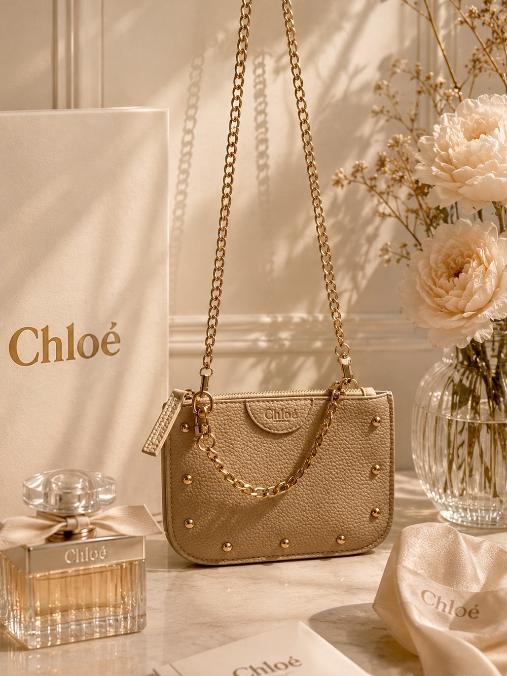 Chloe parfums pale pink pebbles leather zip pouch with gold hardware